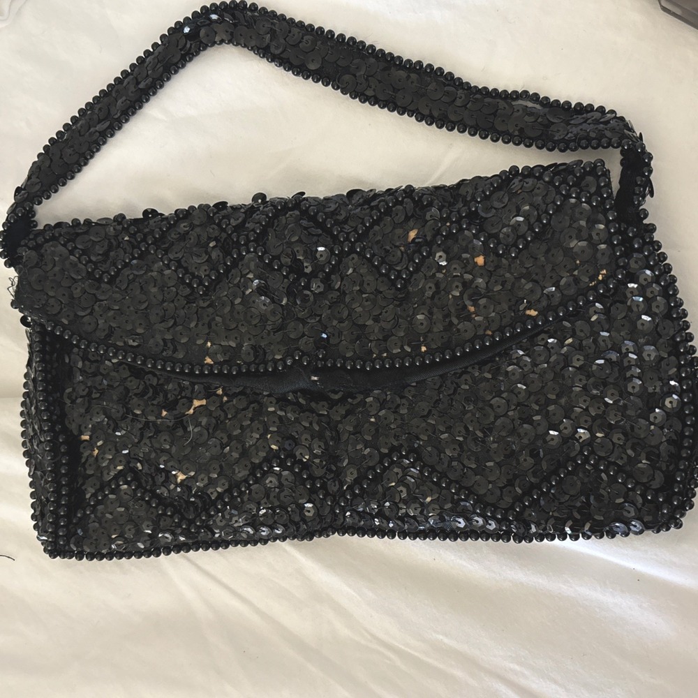 VTG 1950/60s BLK Evening Beaded Purse La Regale Japan Silk Lined Snap 8.6"X 4.5"